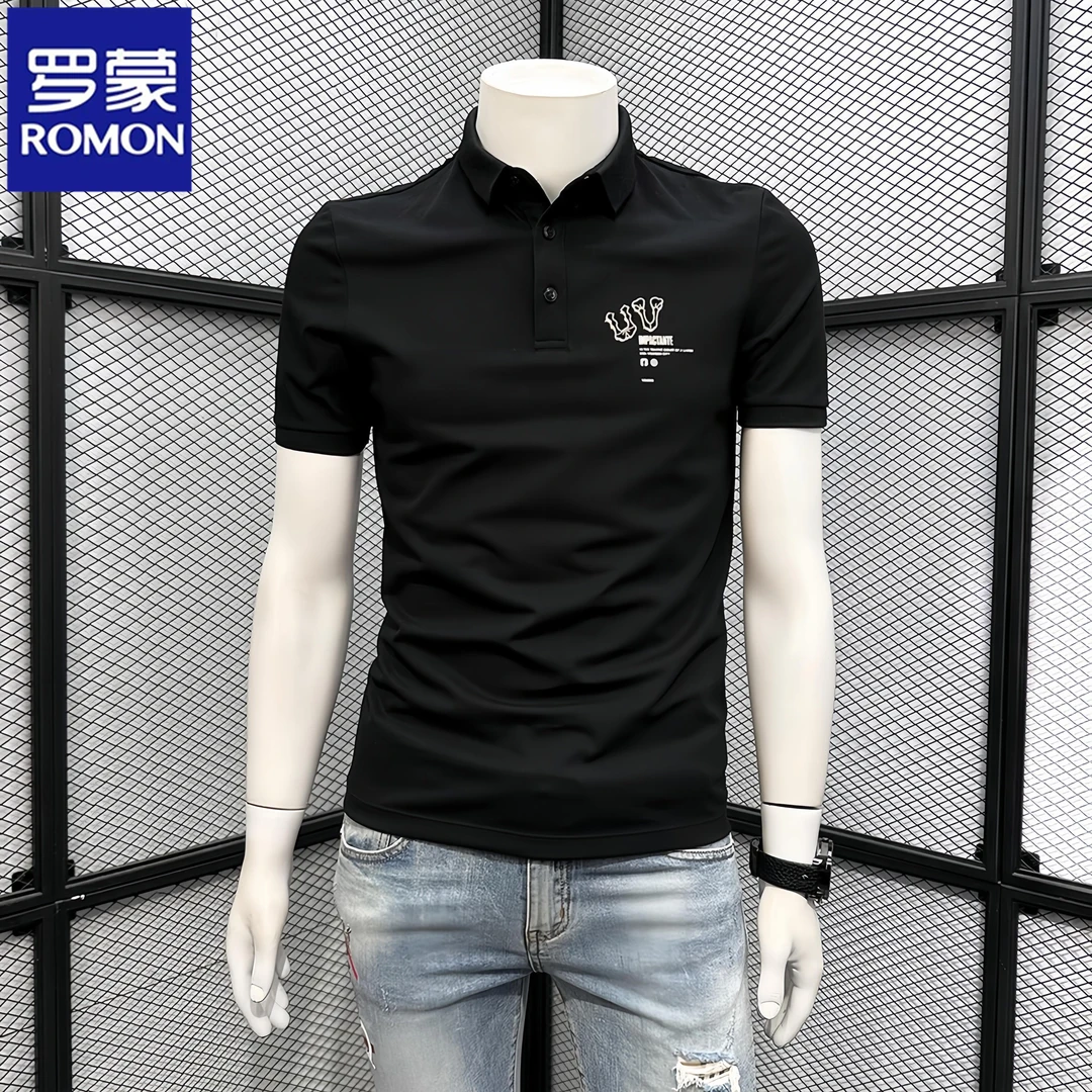 Romon/罗蒙刺绣POLO衫男士短袖t恤夏季潮牌修身半袖翻领时尚上衣