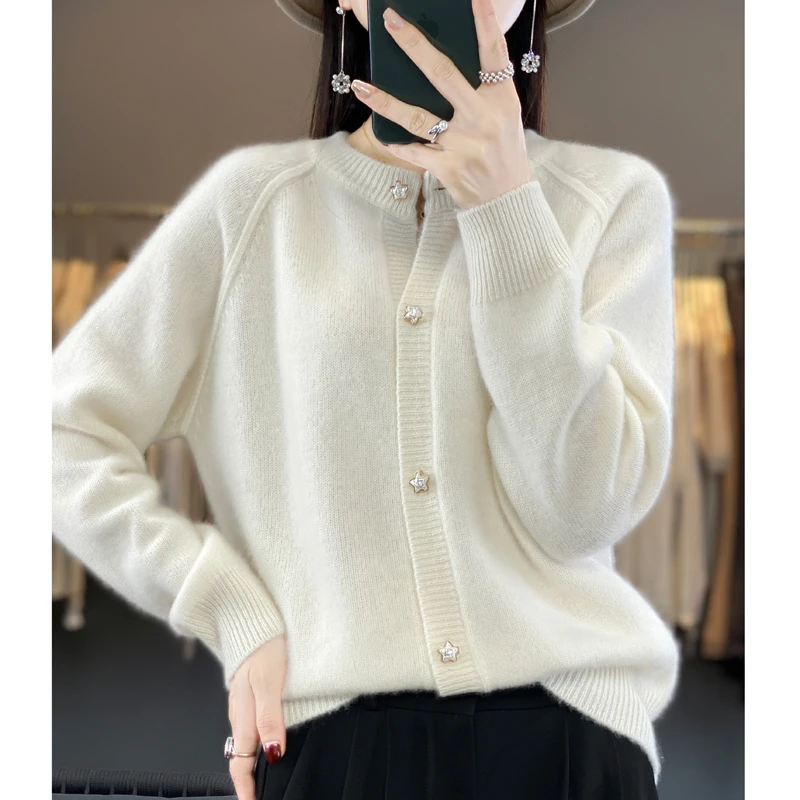 羊毛衫女士圆领加厚开衫洋气100%纯羊毛外套针织打底衫仙女范百搭