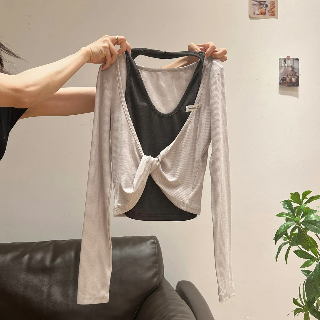 撞色假两件挂脖长袖T恤夏季时尚扭结打底衫2025小众标签拼接上衣