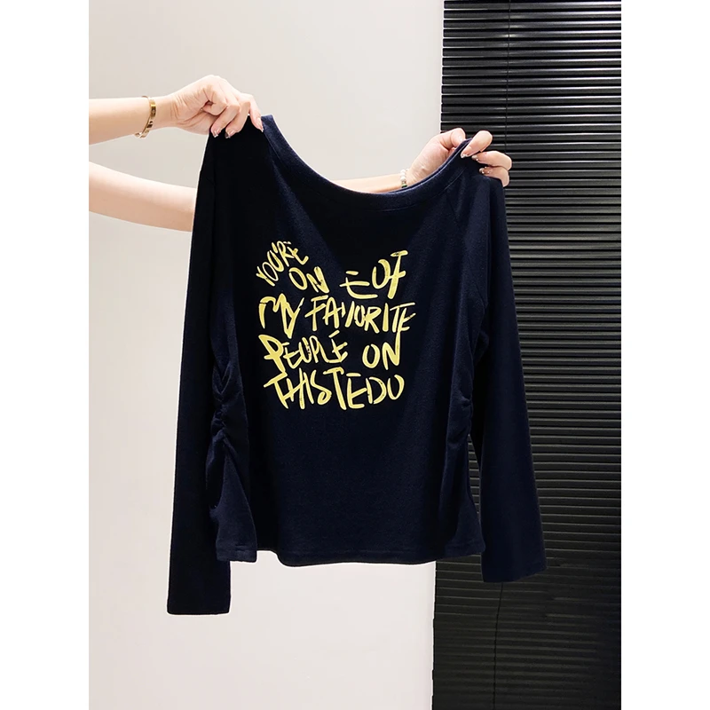 韩系斜肩字母印花长袖T恤女2025早秋新款一字领修身收腰打底上衣