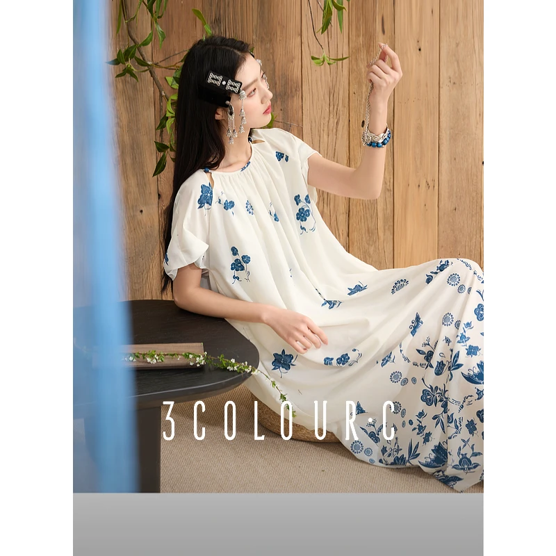 三彩【蓝韵天光】2025春季新款新中式连衣裙镂空宽松长裙C