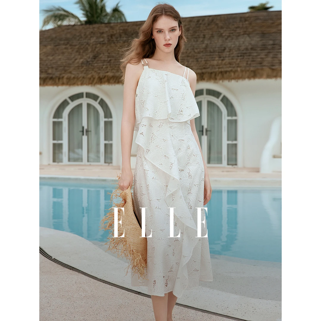 ELLE法式度假风雪纺吊带连衣裙女2025夏季新款荷叶边EL51394