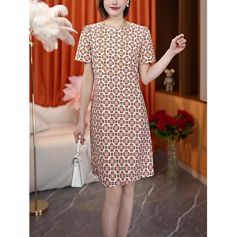夏季复古设计感时尚气质花色洋气减龄显瘦休闲印花圆领连衣裙DT