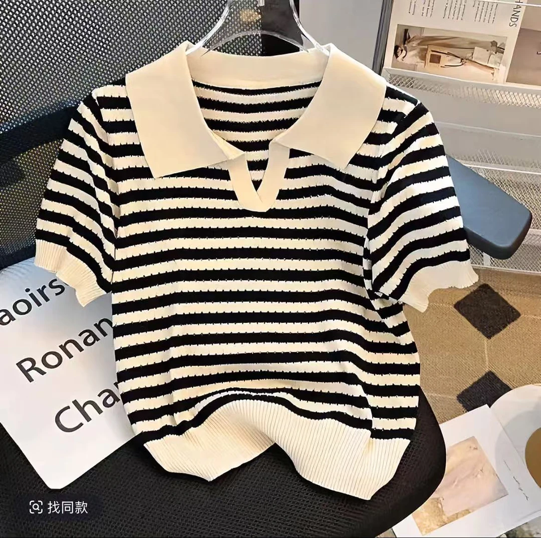 【7843】夏季polo领挑孔透气大码针织短袖胖妹m宽松显瘦冰丝上衣