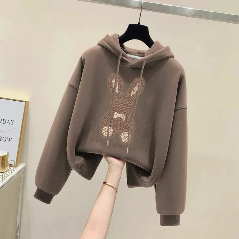 设计感小众秋冬新款2025加绒加厚套头连帽卫衣女短款宽松韩版外套