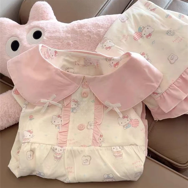 日系ins凯蒂猫睡衣女春秋新款薄棉花边公主风套头长袖长裤家居服