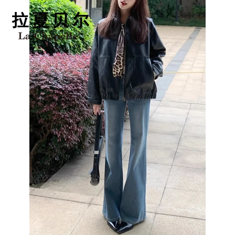 拉夏贝尔复古高腰微喇牛仔裤女士秋冬季加绒裤子胖mm显瘦款喇叭裤