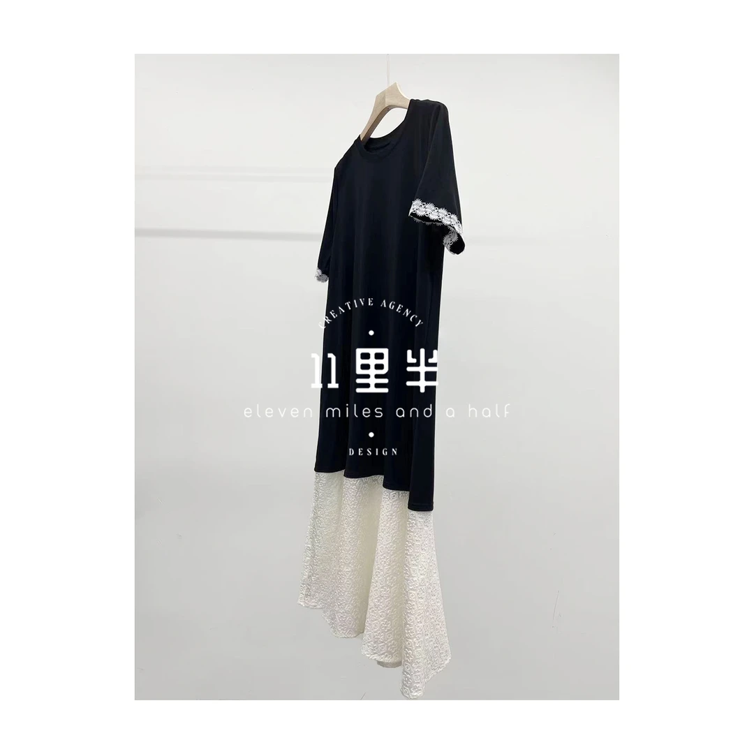 11里半&如懿【暗絮】百搭宽松圆领气质显瘦百褶拼接连衣裙243912947