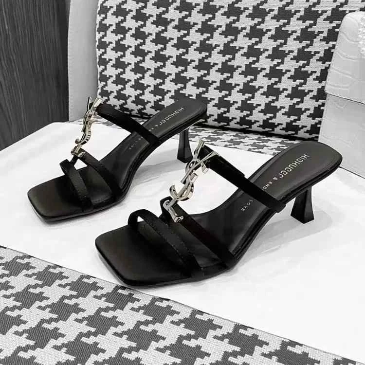 966-66方头后空外穿时装拖女鞋夏季新款百搭细跟一字拖高跟鞋