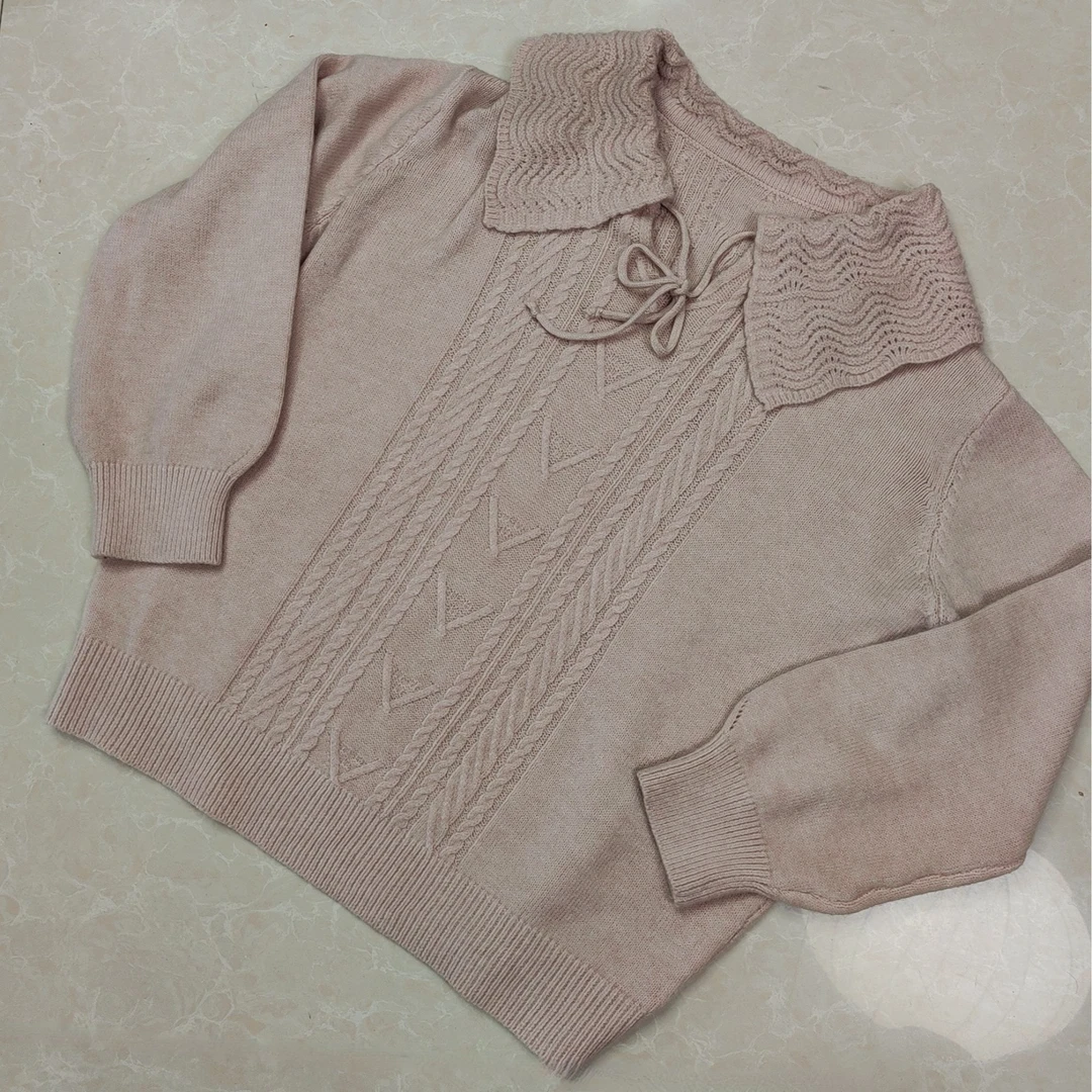 薄款包袖秋季针织女翻领毛针织衫百搭咖色春秋洋气-0木每1504