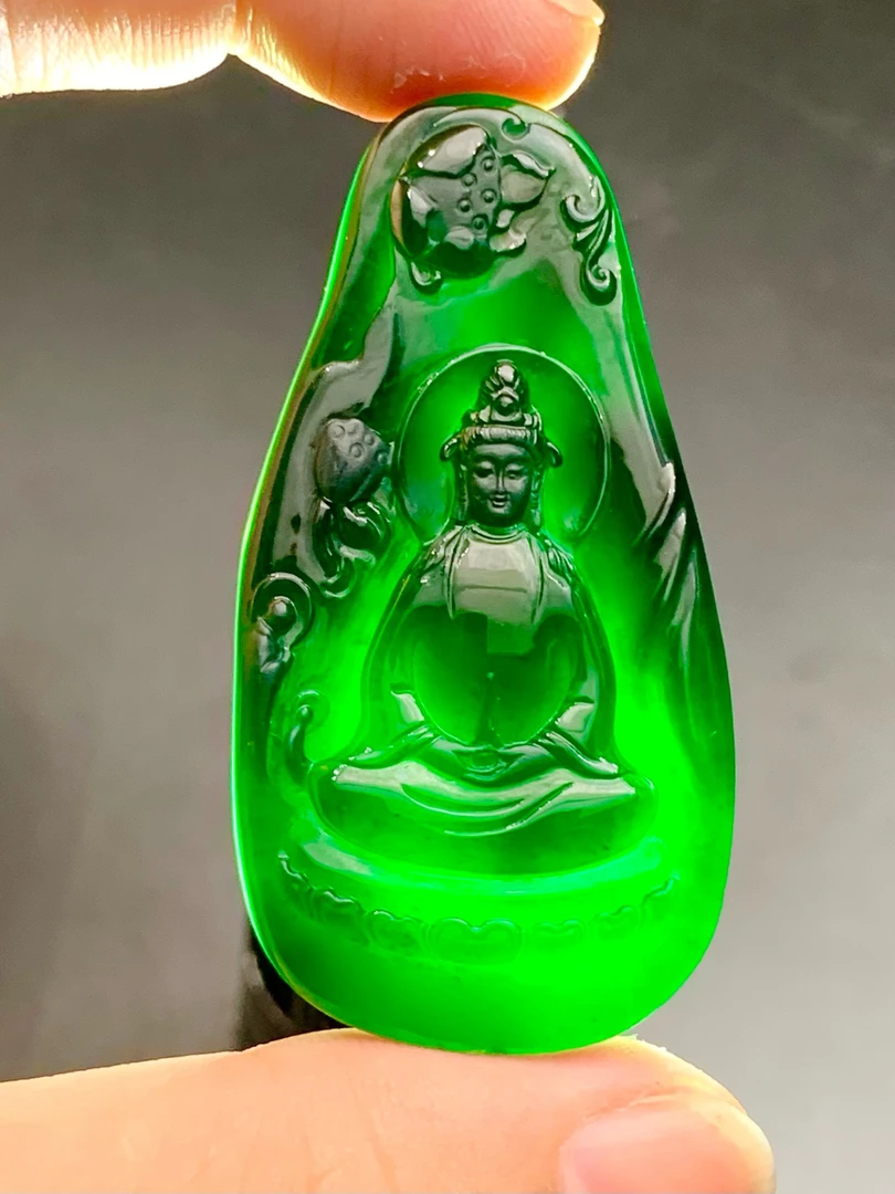天然翡翠A货墨翠《墨翠素衣观音菩萨》顺丰特快立体雕刻精雕双面