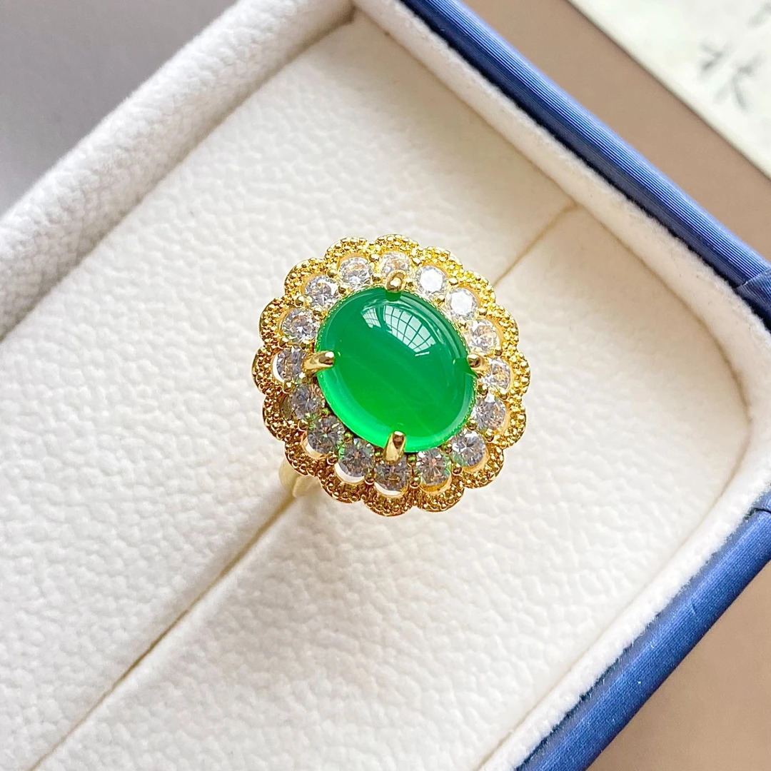 【柏娅专属】天然绿玛瑙玉髓戒指豪华镶嵌女士戒指环开口设计HH009