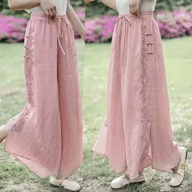 HONG JIA LIN/虹嘉琳高端刺绣大码薄款高腰大摆九分休闲阔腿裙裤