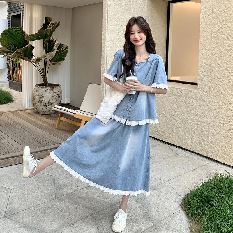 蓝色薄牛仔裙子套装女夏季2025新款减龄穿搭花边拼接半身裙两件套