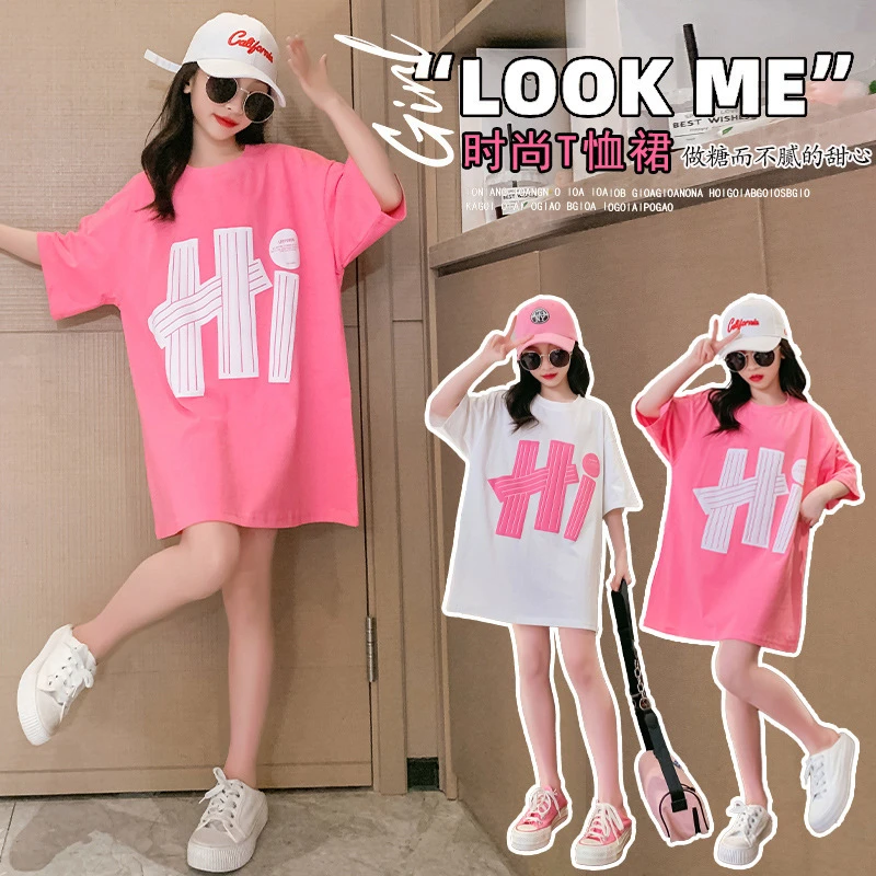 女童夏季短袖恤裙子韩版宽松时髦休闲纯棉体恤大童夏装半袖儿童