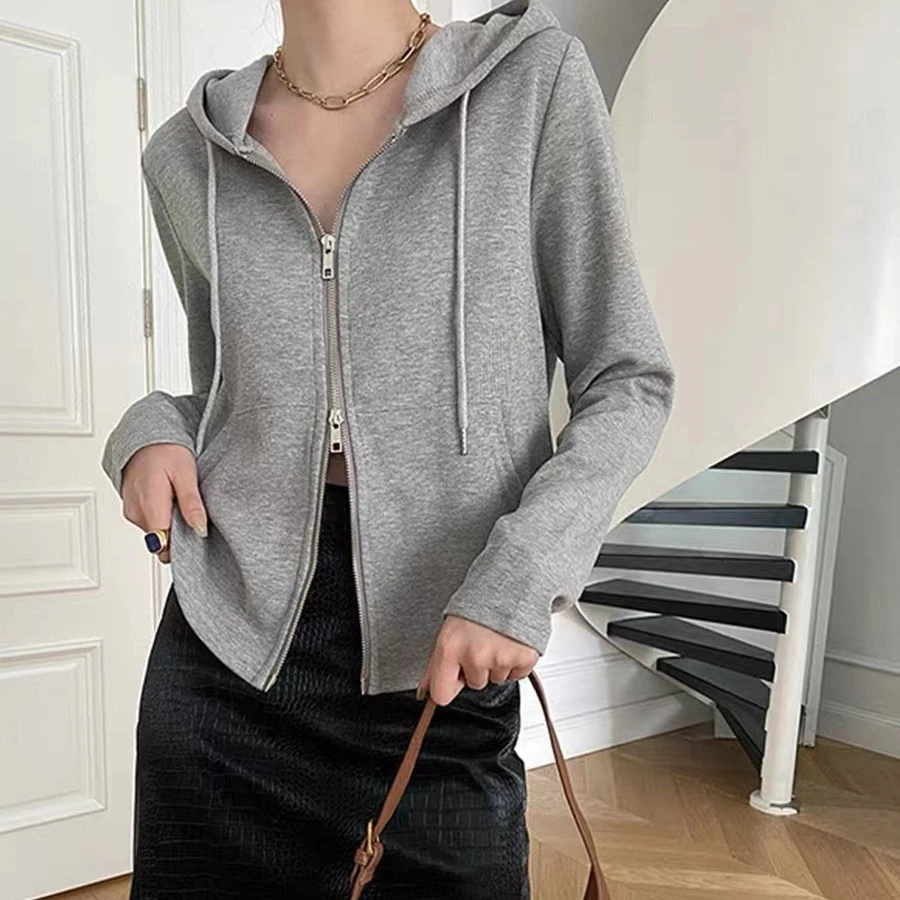 426女士修身连帽口袋双拉链上衣