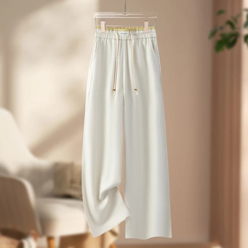 天丝亚麻阔腿裤女2025新款高腰显瘦垂感宽松休闲松紧腰直筒运动裤