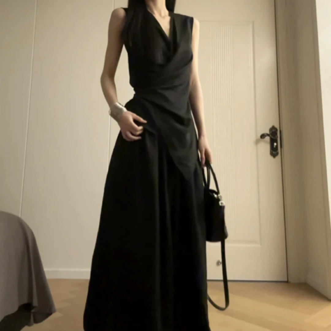 法式高级感御姐风穿搭黑色连衣裙子女冷淡系夏季上衣裤子套装长裙