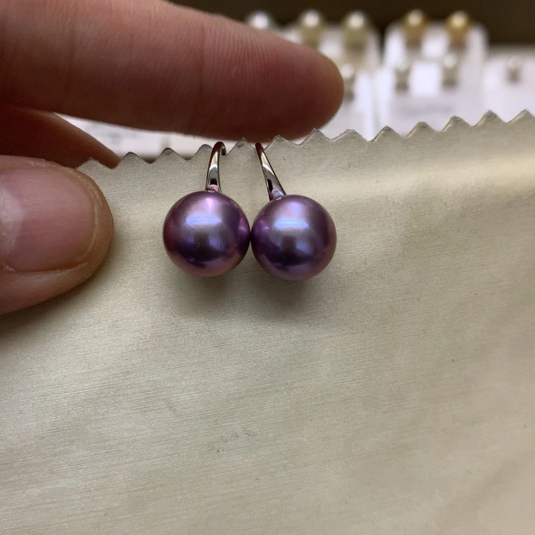 淡水珍珠银S925镶嵌耳饰10-11爱迪生紫珠高跟鞋耳钩