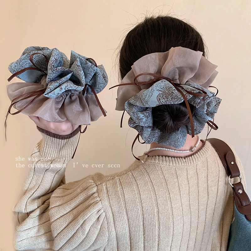 韩系复古绿色碎花大肠发圈女高级感丸子头慵懒风超大号发饰头绳