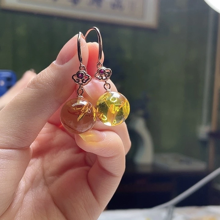 琥珀银S925镶嵌裸石耳环