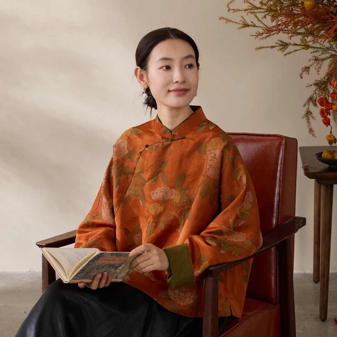 【棠颂】吉祥羽儿原创奢华感轻中式34MM色织大提花香云纱短款上衣