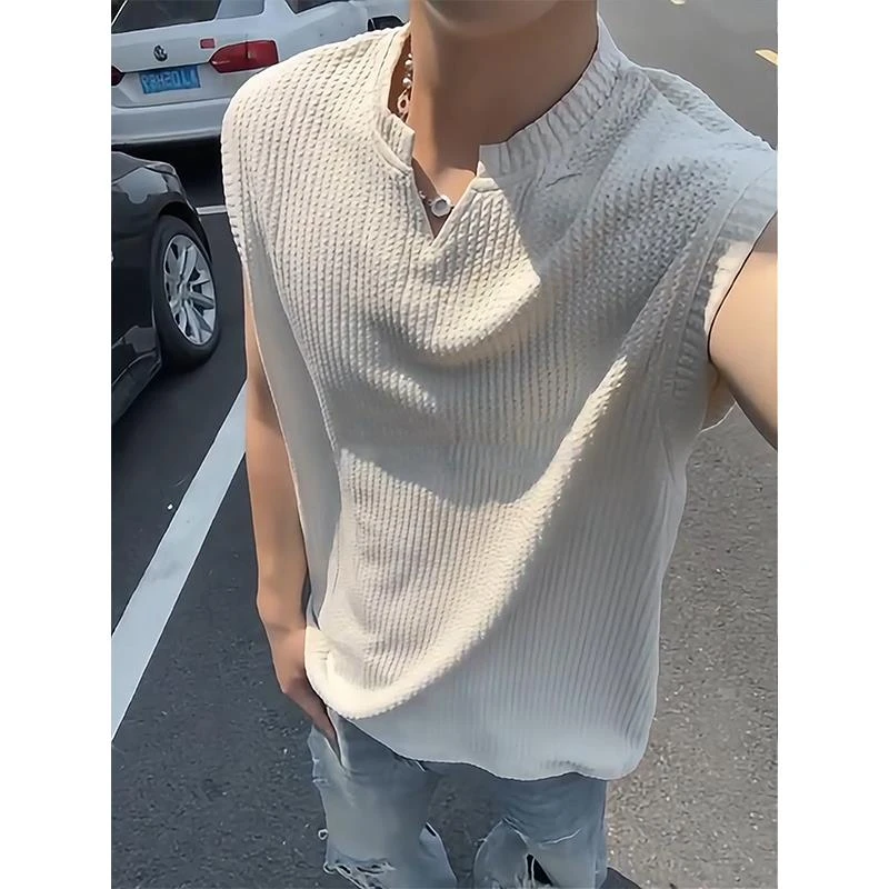 美式凉感V领褶皱背心男款夏季薄款小袖口无袖T恤小领口运动汗衫潮