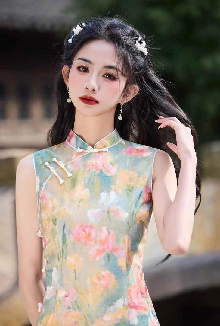 【灵珂】苏州旗袍日常优雅立领印花无袖新中式修身双层中国风