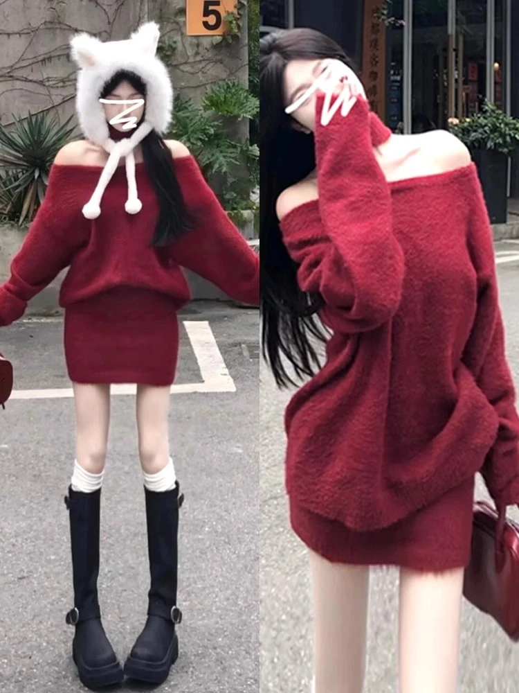 红色一字肩针织连衣裙子女秋冬季2025超火过年新年战袍小个子套装