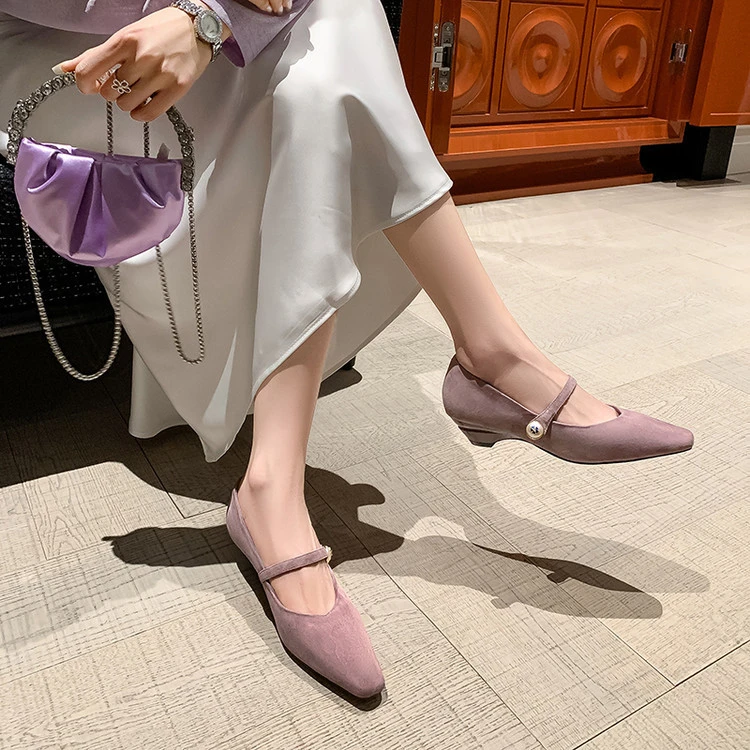 法式绝美紫色单鞋女绒面粗跟四季鞋优雅方头浅口珍珠低跟玛丽珍鞋