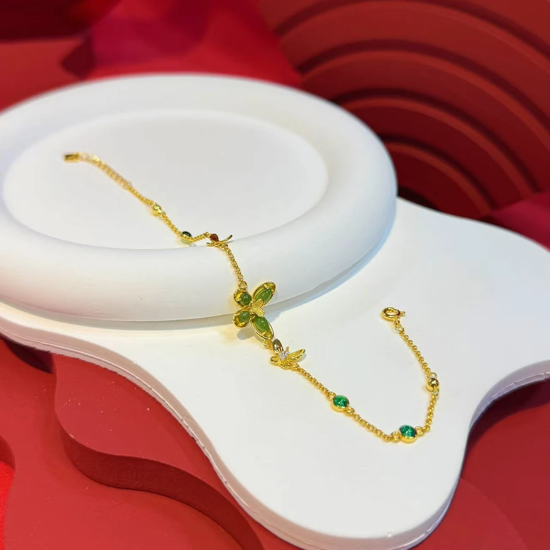 S925银镶嵌3*6mm碧玉蝴蝶手链HNZ12294