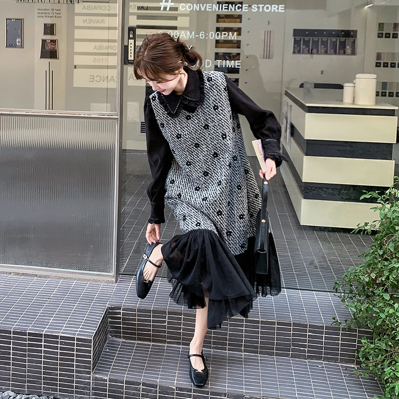 气质一整套ootd穿搭连衣裙套装女早秋高级感网纱拼接长裙两件套