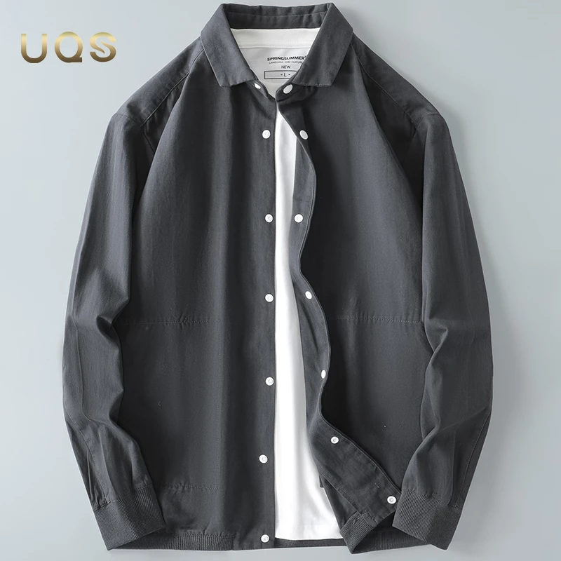 纯棉男士秋季长袖衬衫美式复古时尚简约纯色休闲百搭免烫衬衣外套