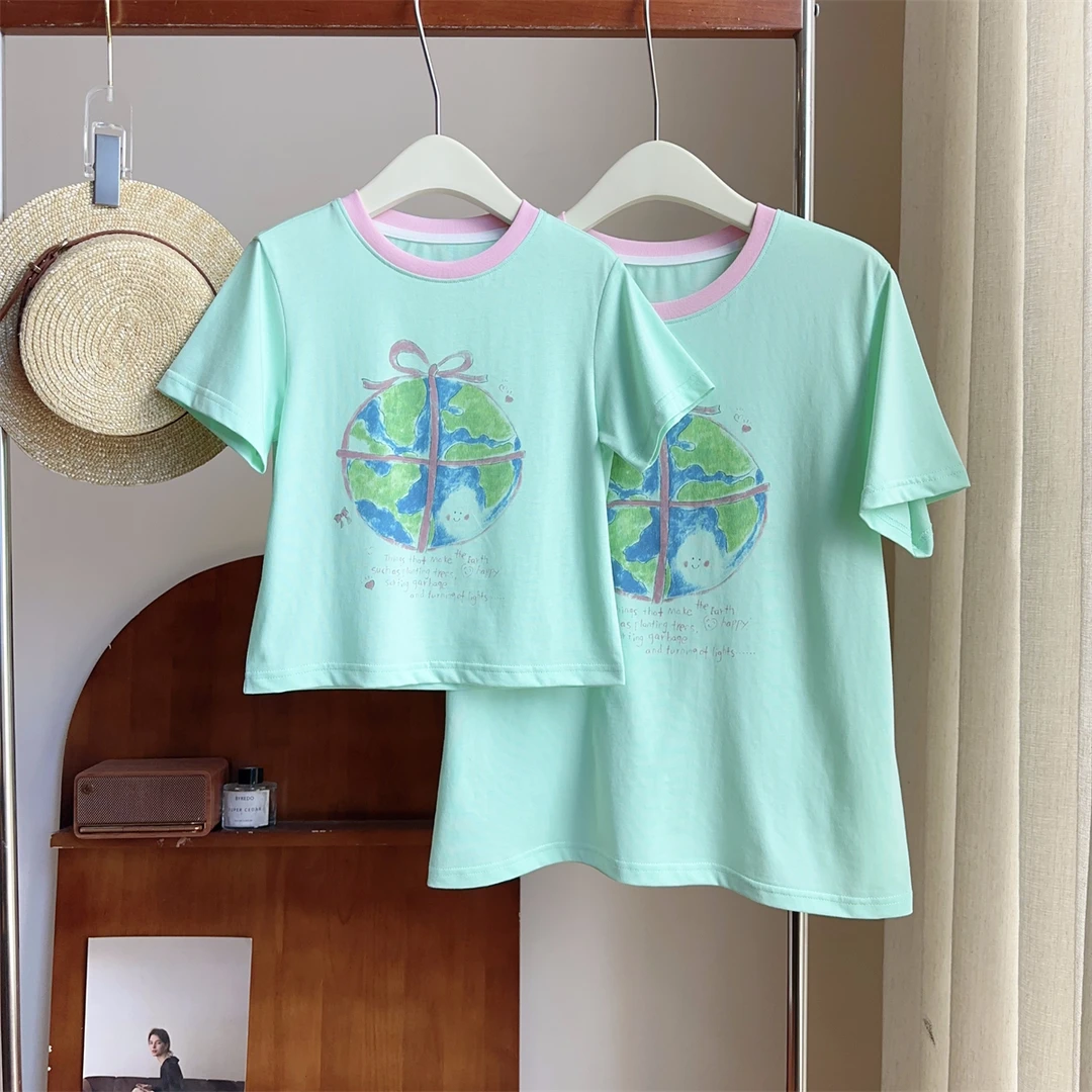 现货【地球T】7114亲子装短袖女童夏季宽松T恤休闲洋气上衣