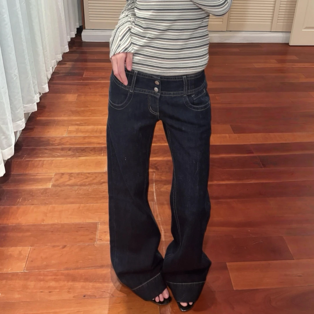 美式vibe大码水洗排扣设计牛仔裤女辣妹低腰直筒宽松阔腿垂感长裤