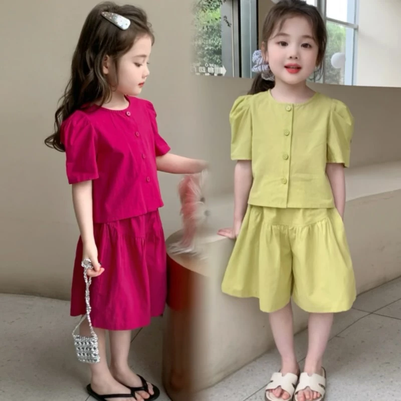 【简约风】女童洋气套装2025夏装新款时尚女孩短袖上衣加裙裤两件套