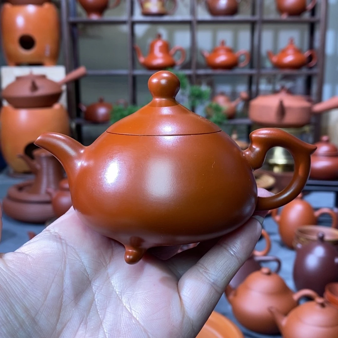 紫砂茶壶荣记大红袍朱泥三足凤尾文旦壶120cc