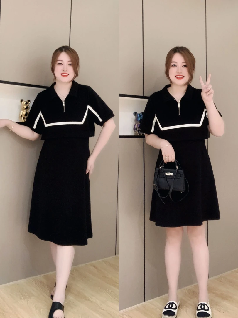 盈盈大码女装胖mm宽松显瘦撞色翻领短袖连衣裙洋气减龄赫本小黑裙