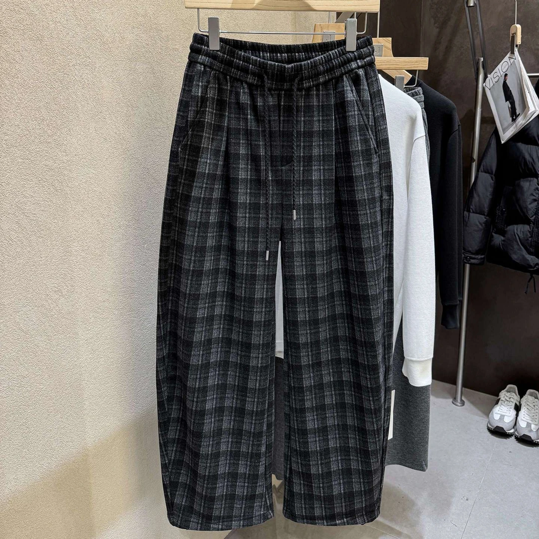 超帅格子裤！弯刀阔腿裤！定织格纹 抓绒厚实毛呢男士休闲裤740