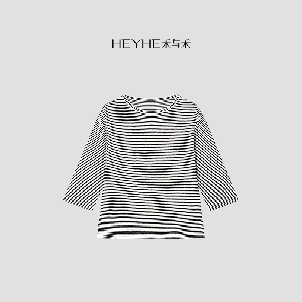 小禾【简笔画】莱赛尔亚麻细条纹七分袖凉感针织衫25SS184