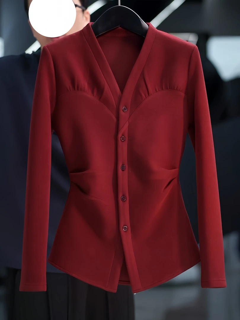 9548V领加绒打底衫衬衫女秋冬2025新款加厚保暖收腰开衫长袖上衣