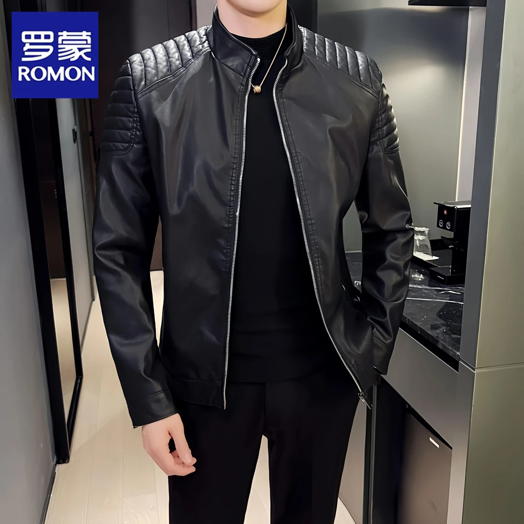 Romon/罗蒙春秋立领皮衣男士修身潮牌流行休闲皮夹克帅气机车外套