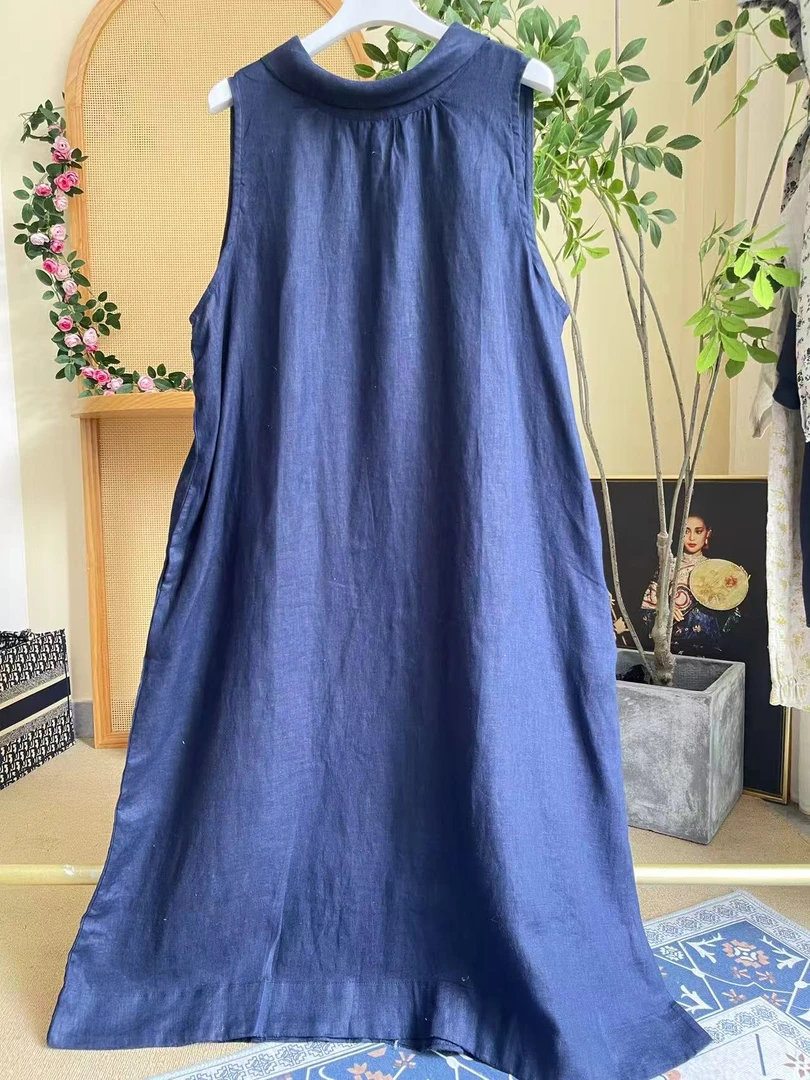 s0012复古无袖宽松休闲风纯色挂脖式长款女装连衣裙中长裙