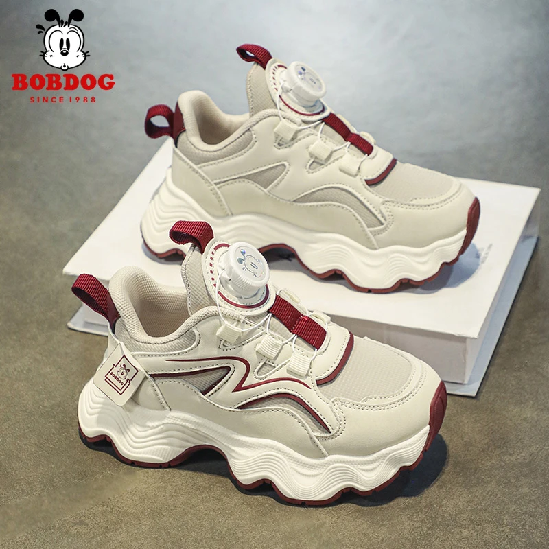Bobdog/巴布豆春季皮面双网运动旋转纽扣运动鞋男女童跑步儿童鞋