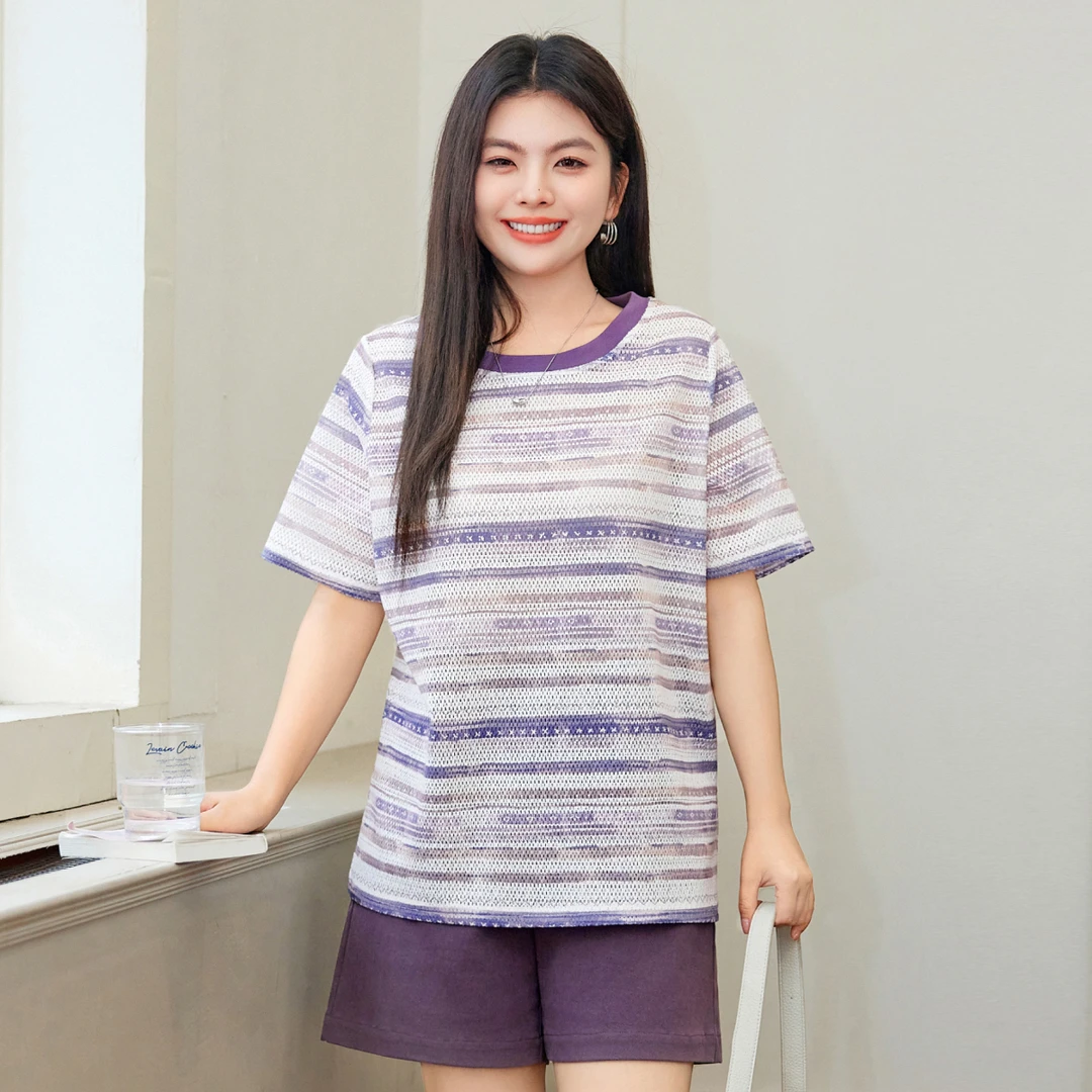 MsShe大码女装2025新款夏装镂空条纹印花蕾丝短袖T恤K2504062