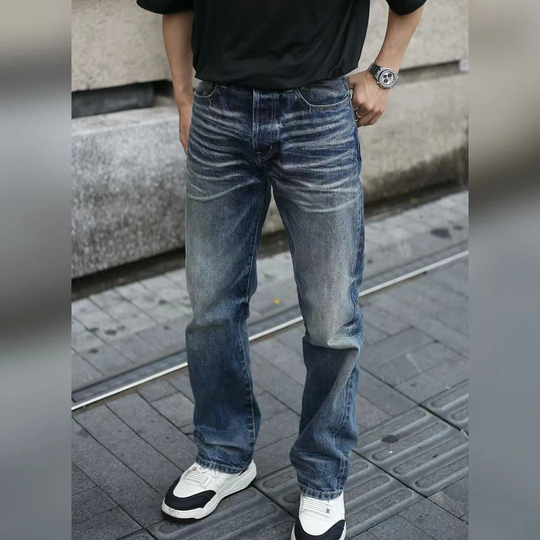 男士宽松直筒春秋款15.5OZ重磅复古内华达水洗牛仔长裤