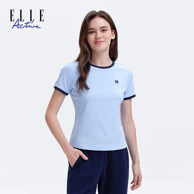 ELLE Active2025新款圆领短袖T恤女运动休闲撞色夏季简约百搭上衣