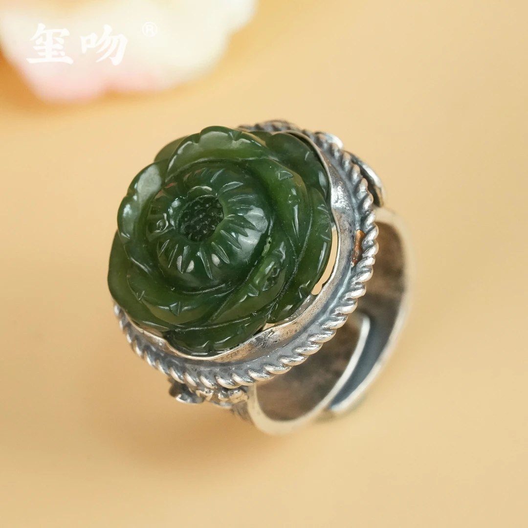 【玺吻】s925银  天然和田玉老坑碧玉高定款牡丹花戒指（活口可调节）