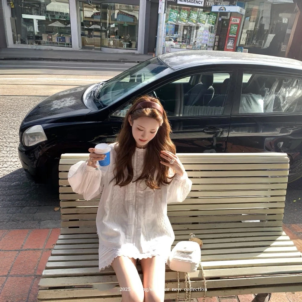 雪顶银盐 抓襟花边套装减龄衬衫长袖上衣圆领短裙半身裙