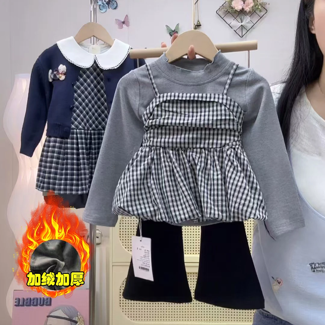女童秋冬加绒套装真两件格子上衣+德绒发热打底衫+加绒喇叭裤